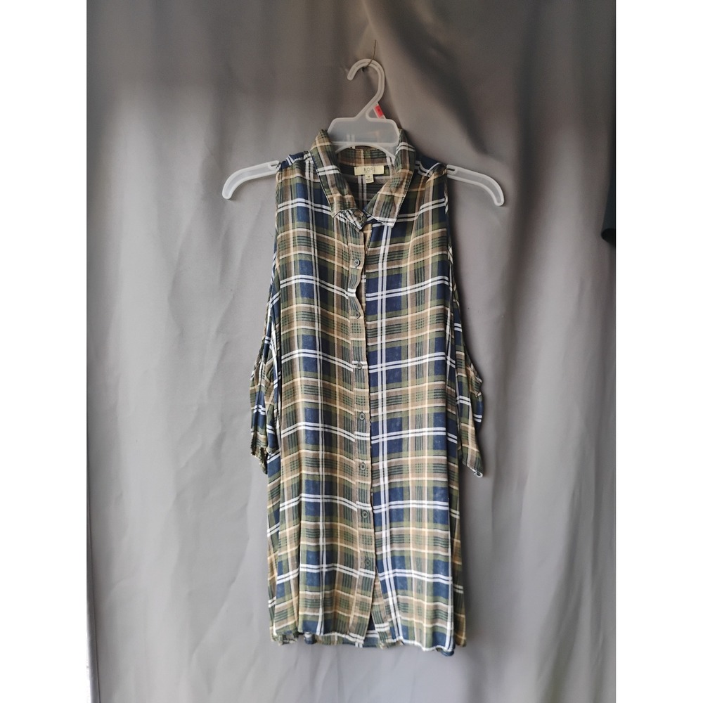 Kori America Plaid Cold Shoulder Button Down Top Green Navy Tan Medium